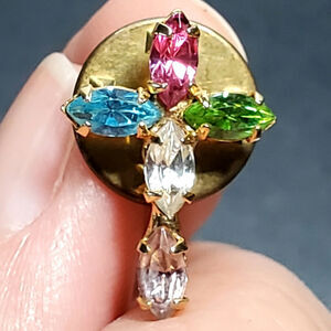 Colorful Marquette Rhinestone Cross Lapel Pin 1" Vtg Religion Spiritual